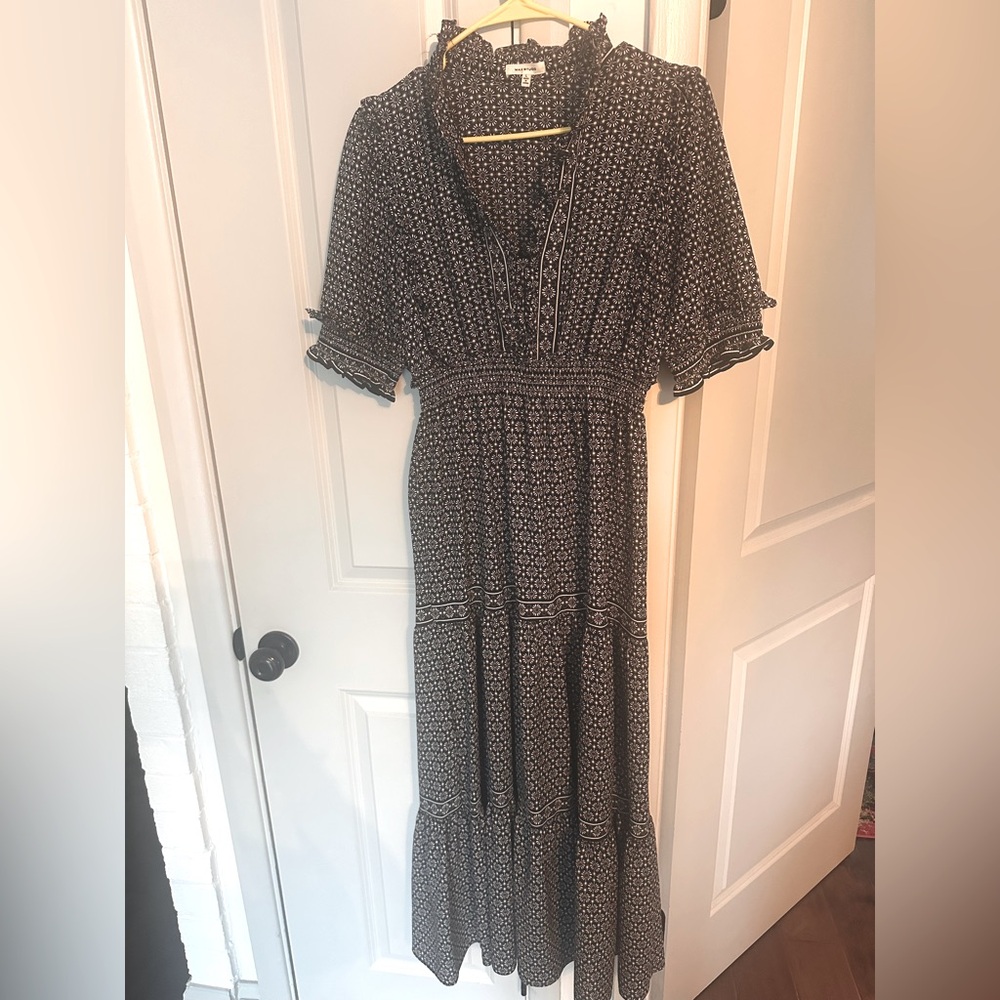 MAX STUDIO Ruffle Collar Tiered Maxi Dress Women's Small Black White Floral